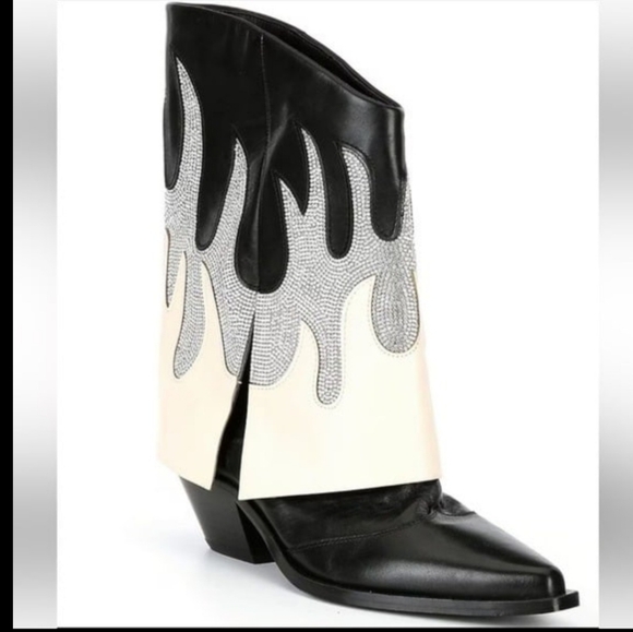 GIANNI BINI Flame Western Rhinestone Fold Over Cowboy Boots Black Conley Two 7.5 - Picture 2 of 8